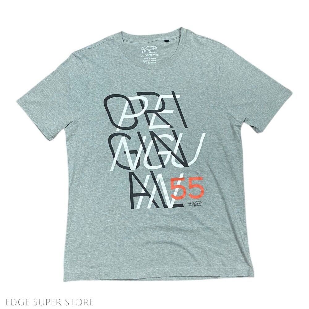 Original Penguin 55 Light Gray Orange Logo Graphic Print TShirt Tee Size XLarge